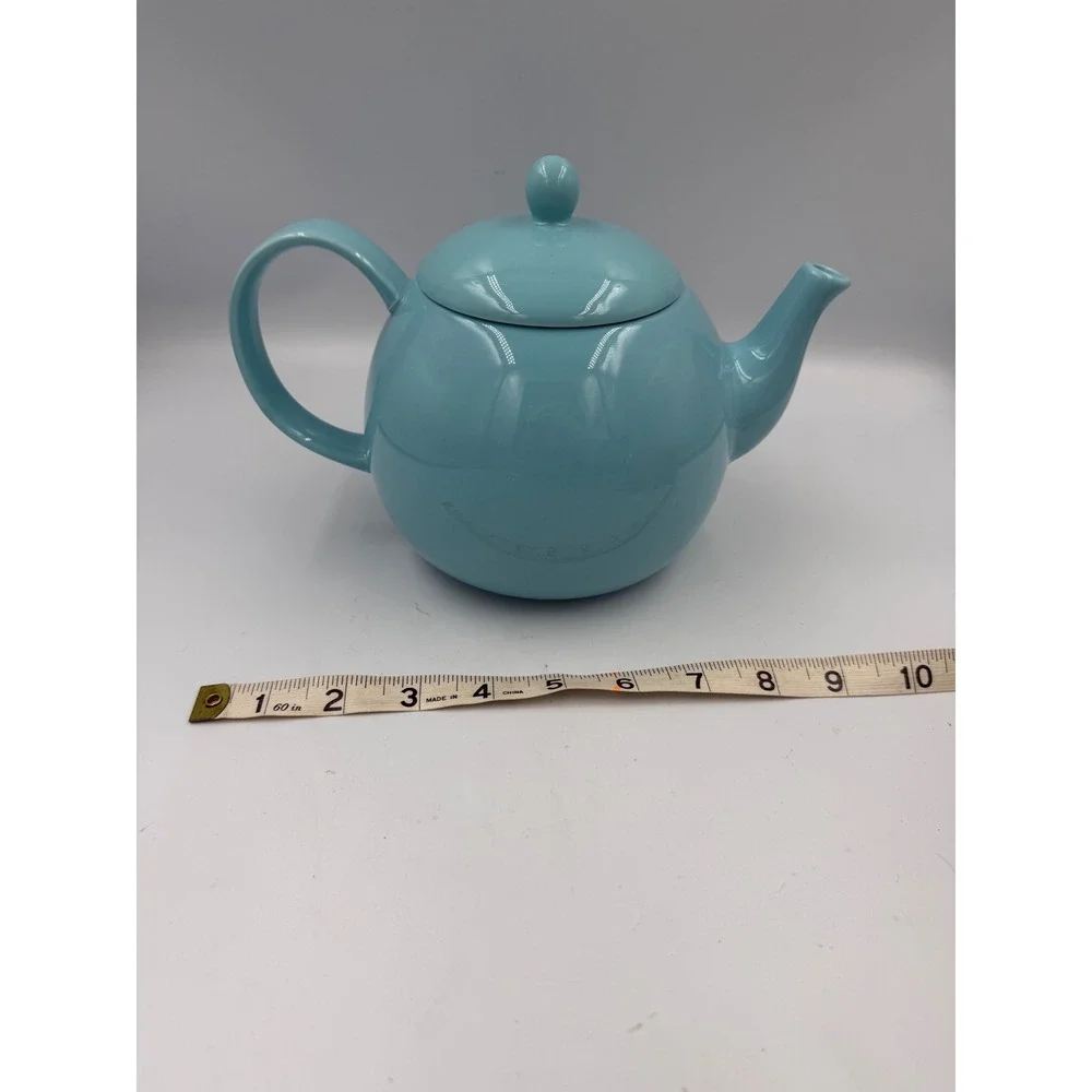 Turquoise Blue Ceramic Teapot with Lid Round Glossy Tea Pot 6 inch